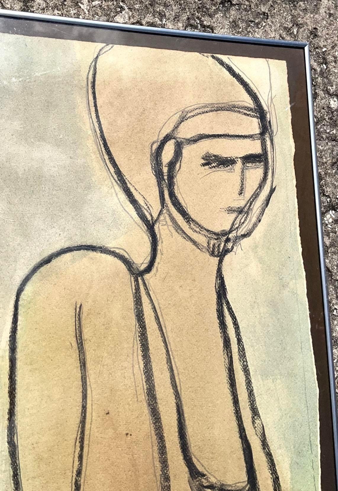 XX secolo Disegno figurativo vintage Boho originale a pastello e acquerello su carta in vendita