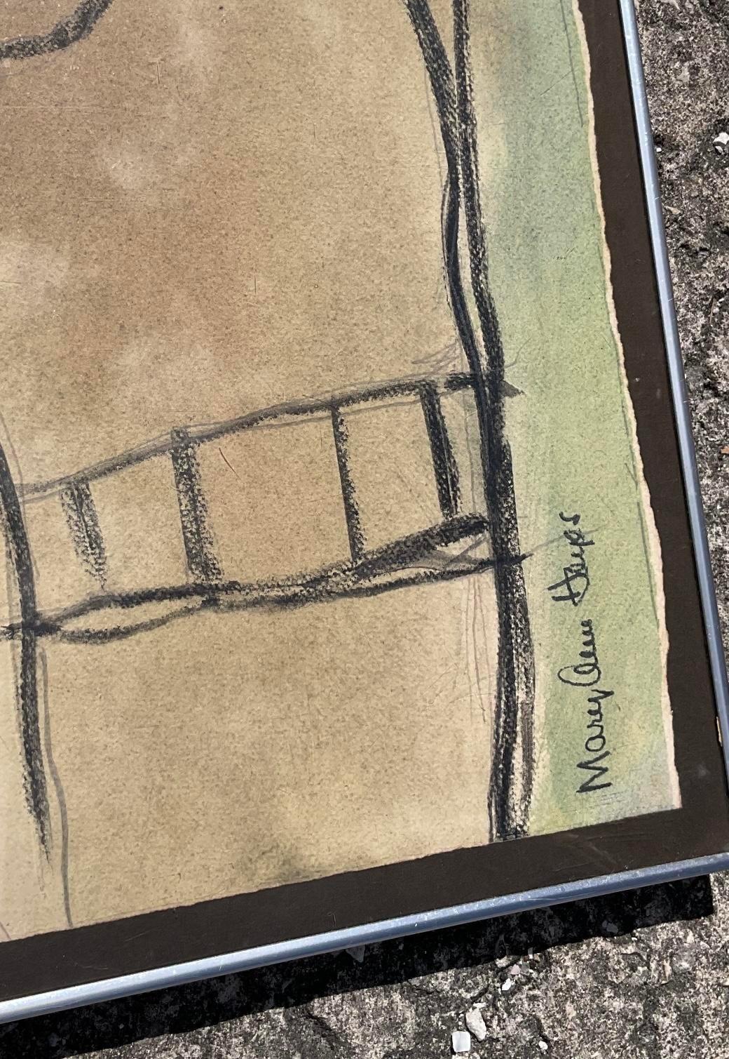 Metallo Disegno figurativo vintage Boho originale a pastello e acquerello su carta in vendita