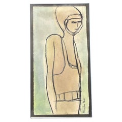Dessin figuratif Boho original au pastel et à l'aquarelle