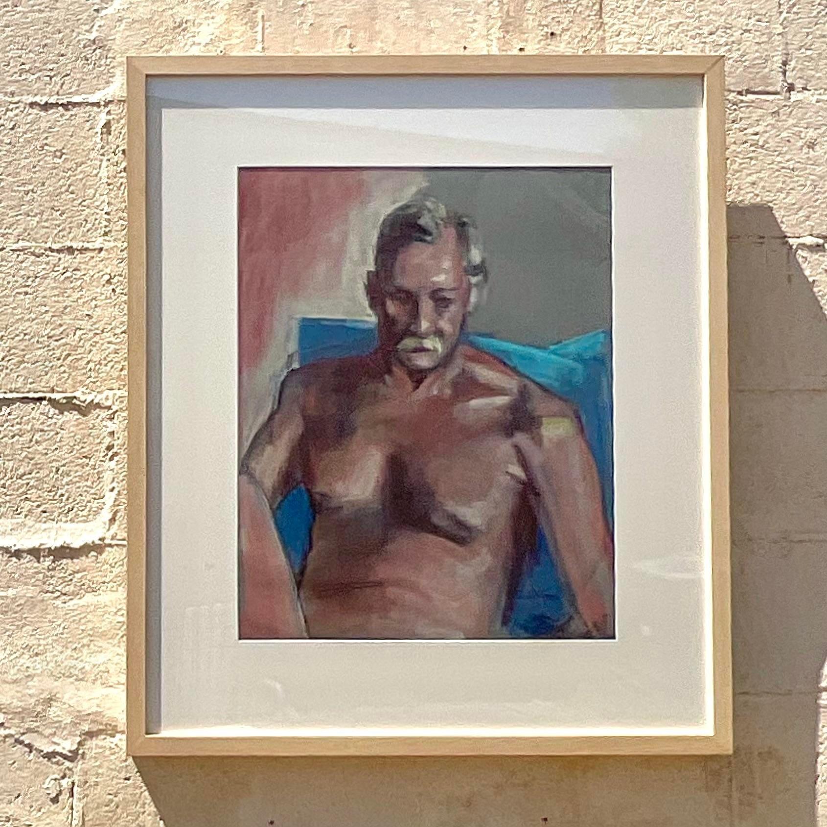 Beleben Sie Ihren Raum mit diesem Vintage Boho Original Pastell auf Papier. Die leuchtenden Farben und die ausdrucksstarken Pinselstriche, die von amerikanischem Künstlergeist zeugen, fangen die Essenz der böhmischen Kreativität ein und verleihen