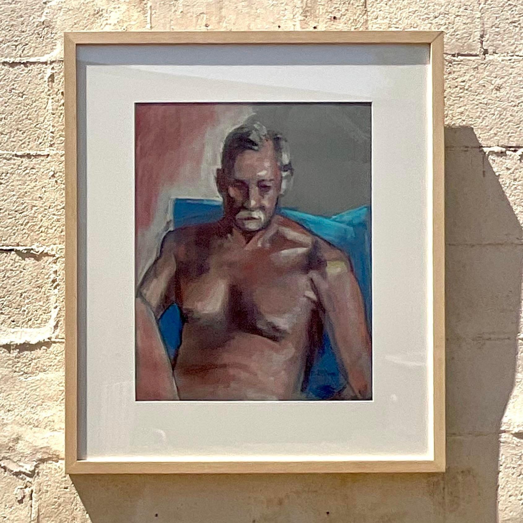Vintage Boho Original Pastell auf Papier Zeichnung im Zustand „Gut“ im Angebot in West Palm Beach, FL