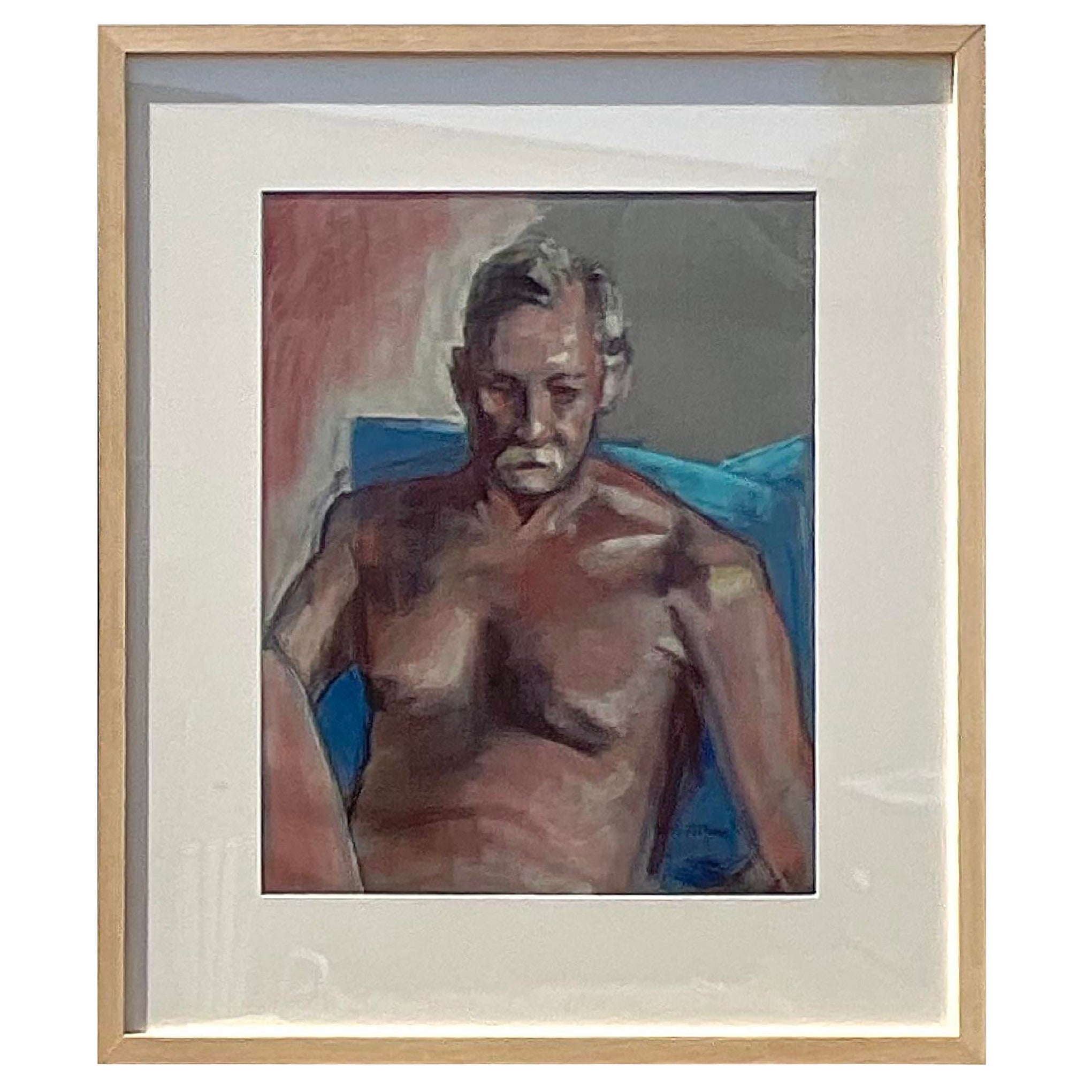 Vintage Boho Original Pastell auf Papier Zeichnung im Angebot