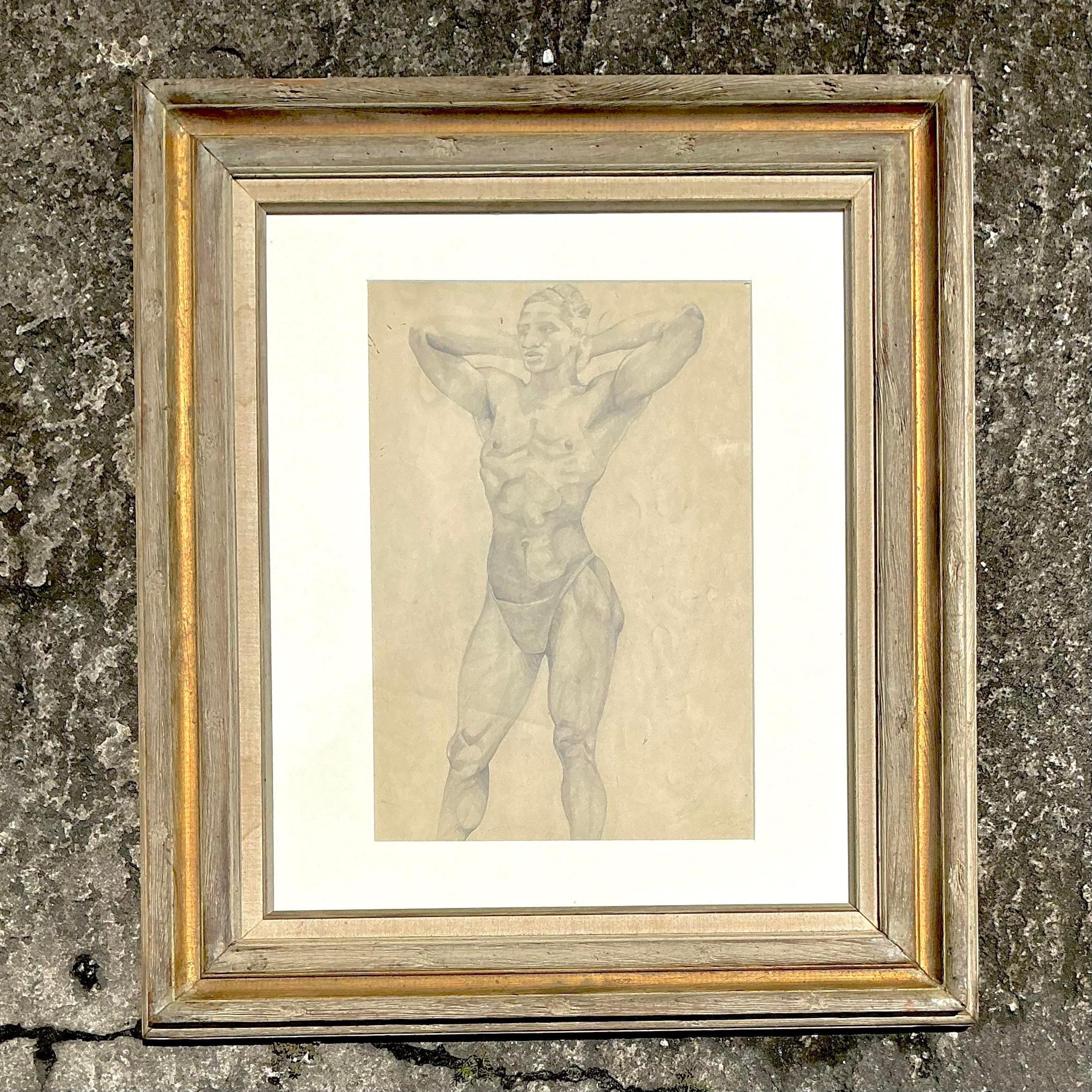 Vintage Boho Original Bleistift Zeichnung der männlichen Figur (amerikanisch) im Angebot
