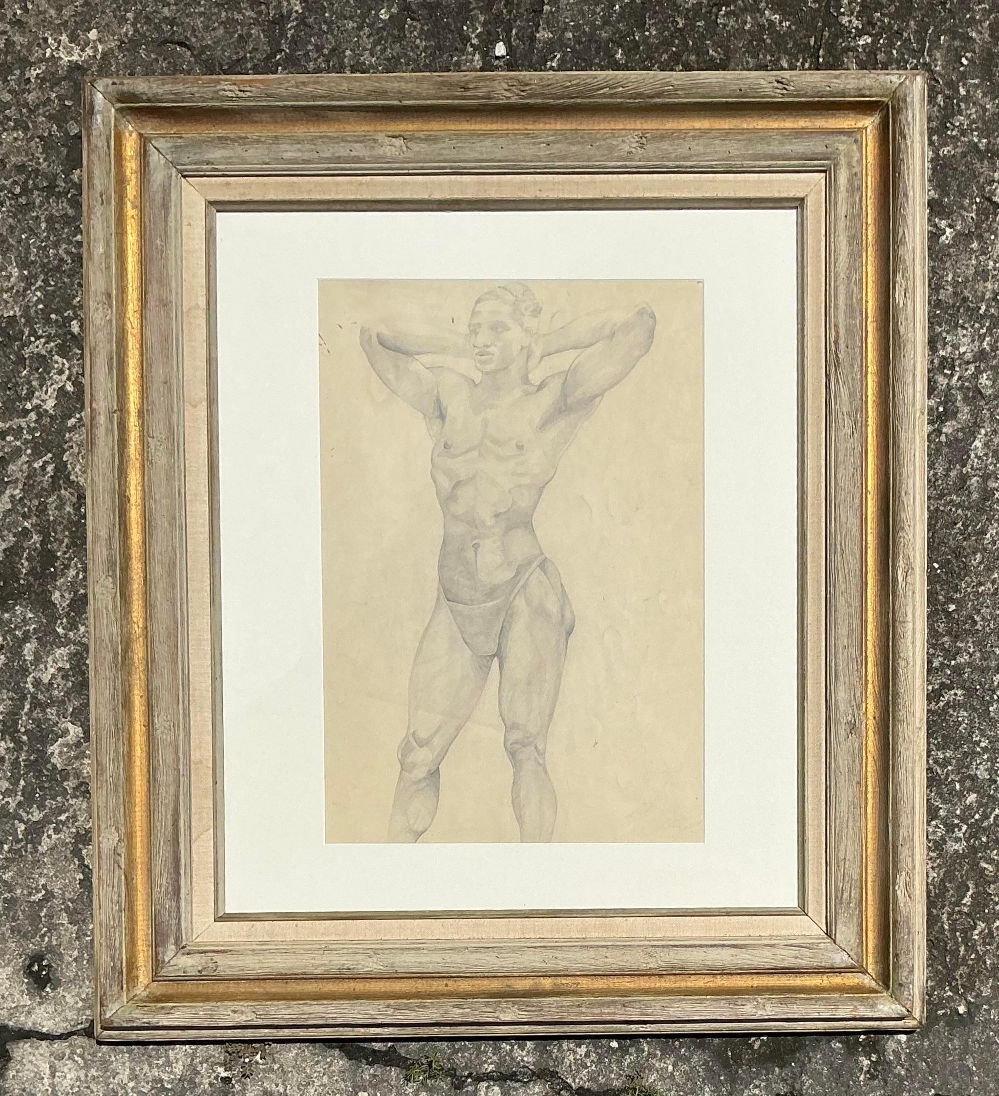 Vintage Boho Original Bleistift Zeichnung der männlichen Figur im Zustand „Gut“ im Angebot in West Palm Beach, FL