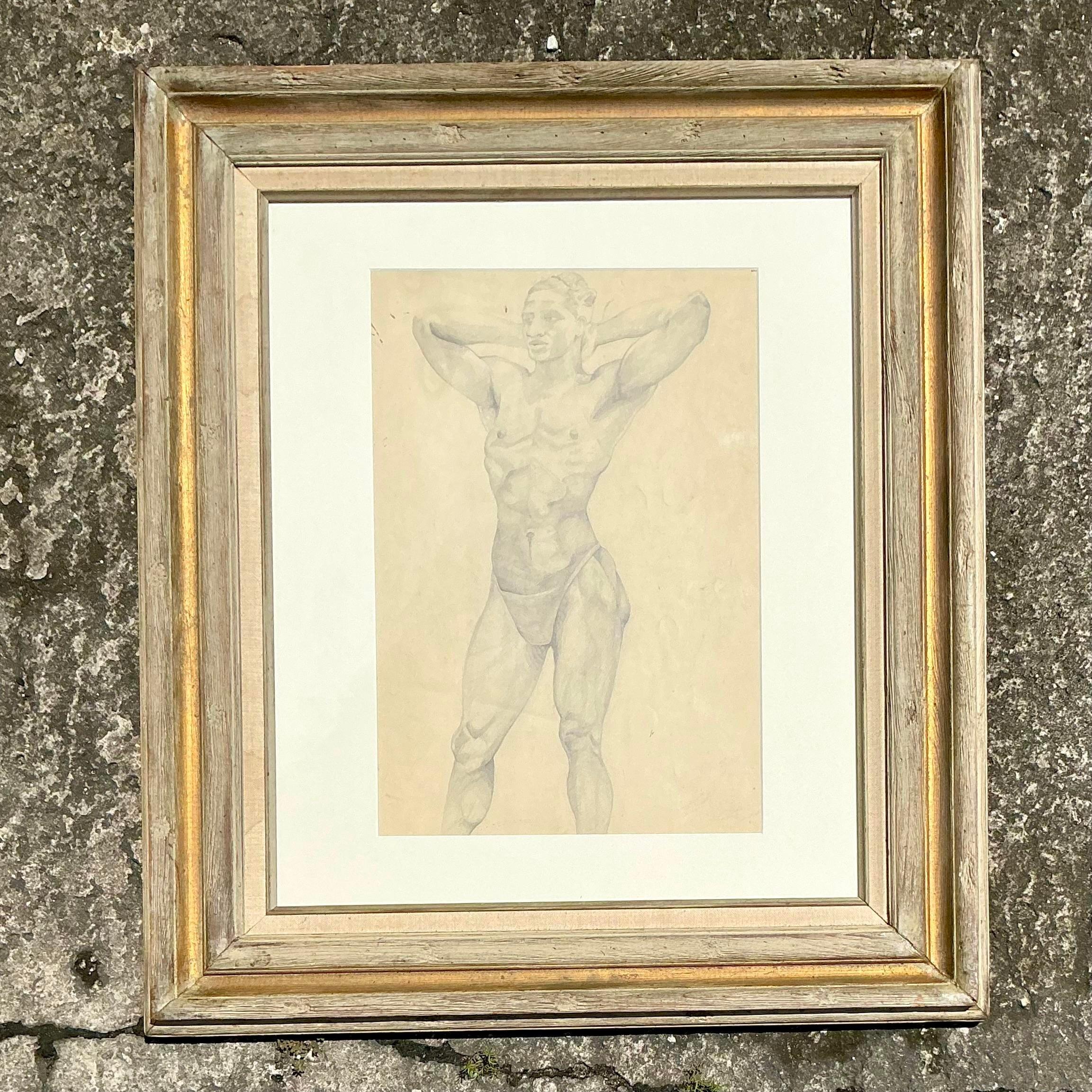 Vintage Boho Original Bleistift Zeichnung der männlichen Figur (20. Jahrhundert) im Angebot