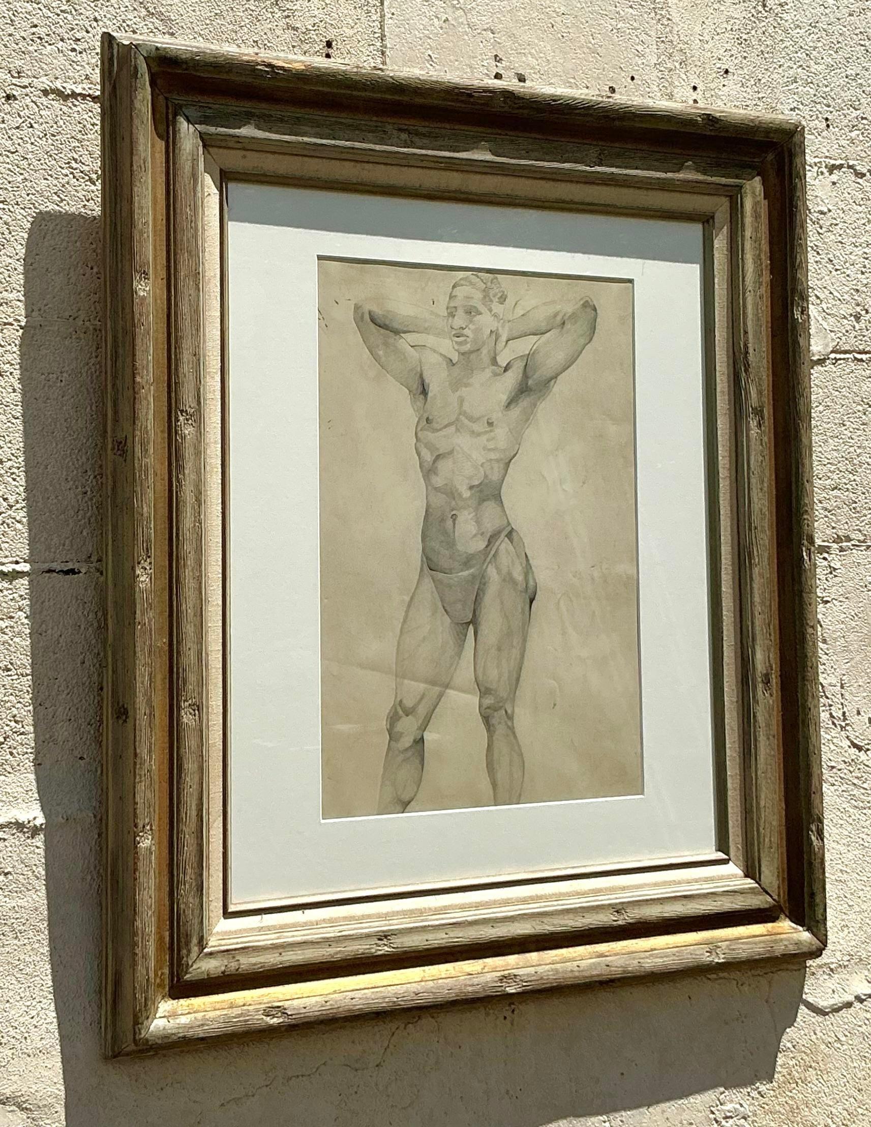 Vintage Boho Original Bleistift Zeichnung der männlichen Figur (Glas) im Angebot