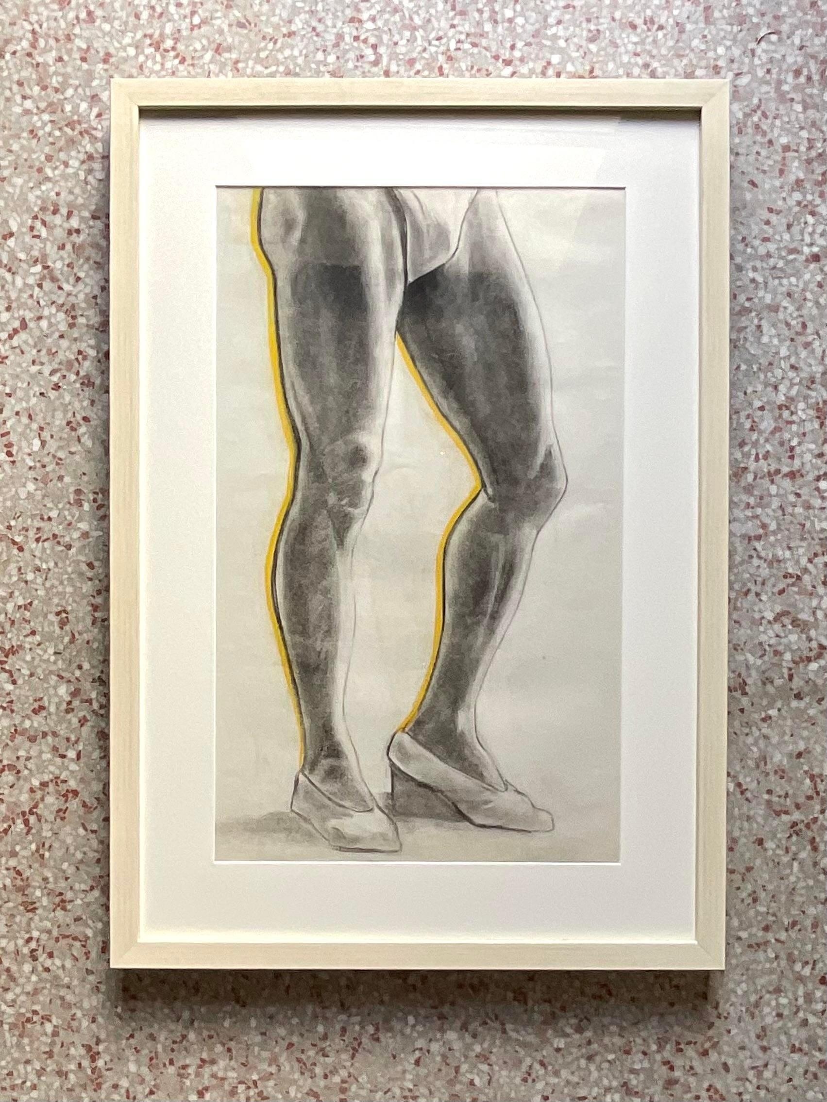 Vintage Boho Original Pencil Sketch of a Man's legs. A chic 1934 study in pencil with a flash of yellow. Acquired from a Palm Beach estate.