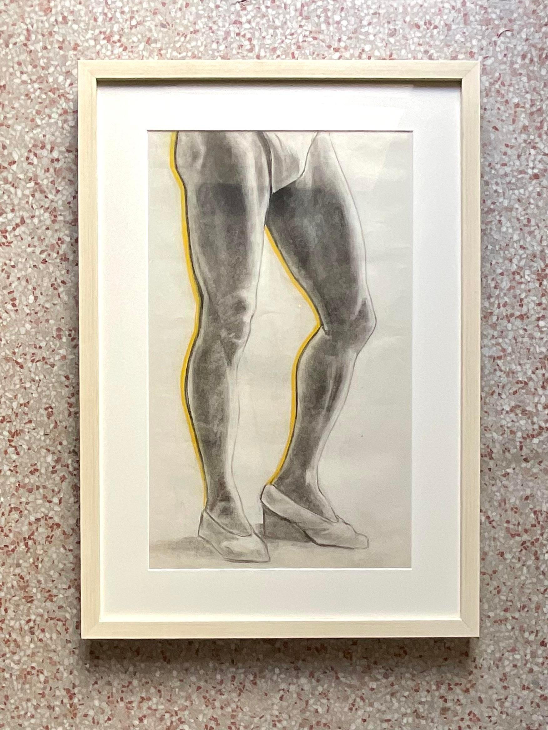 Vintage Boho Original Pencil Sketch of a Mans Legs In Good Condition For Sale In west palm beach, FL