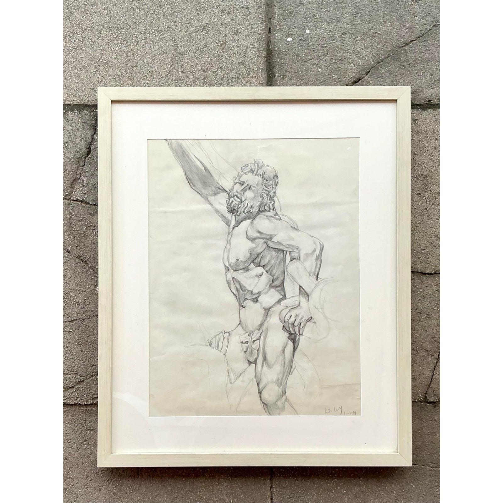 Fangen Sie die rohe Energie einer künstlerischen Studie mit dieser fesselnden Original-Bleistiftskizze einer männlichen Figur ein. Dieses Werk zeigt eine ausdrucksstarke Linienführung und Schattierung, die die Form und Bewegung des Motivs gekonnt