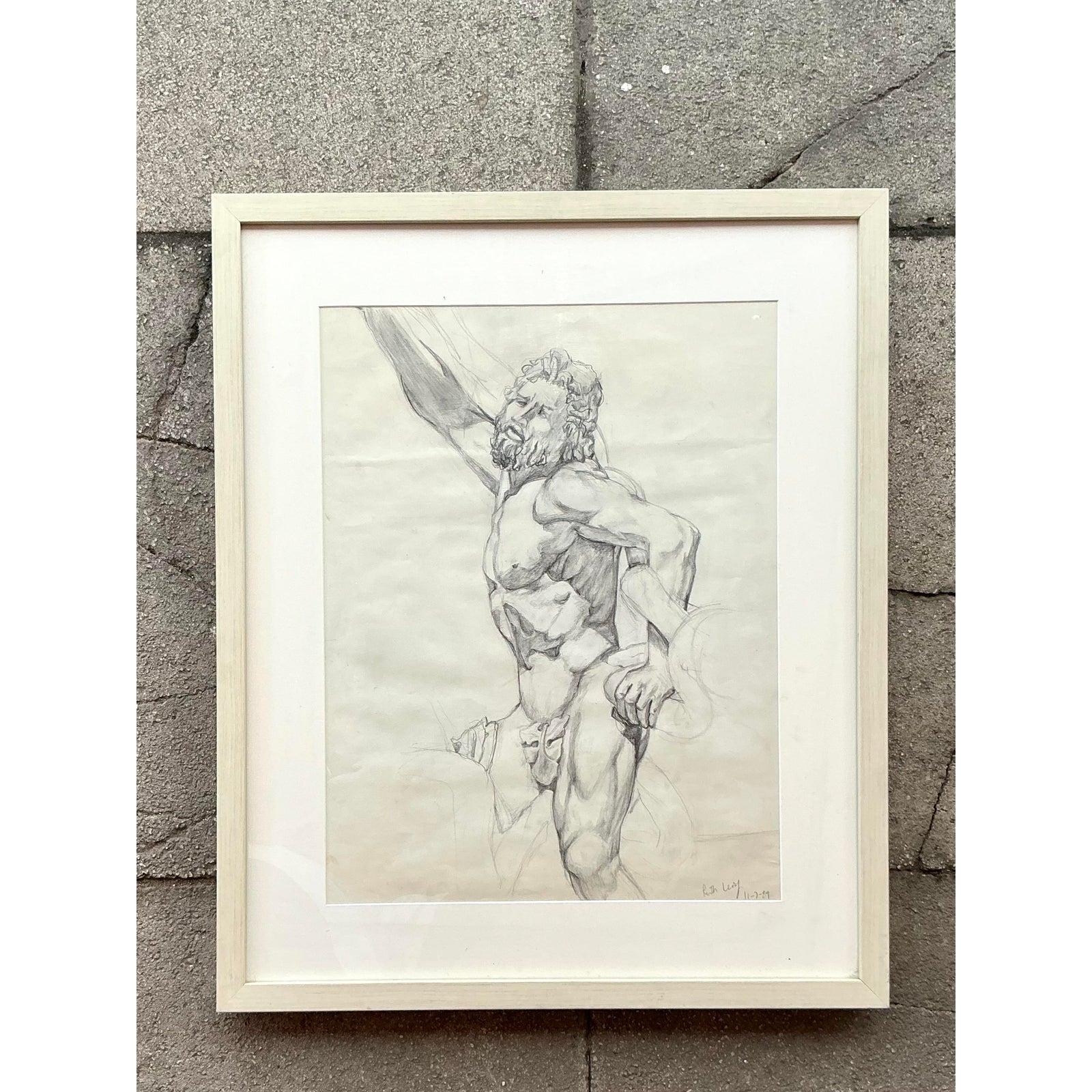 Vintage Boho Original Bleistiftskizze von Mann (20. Jahrhundert) im Angebot