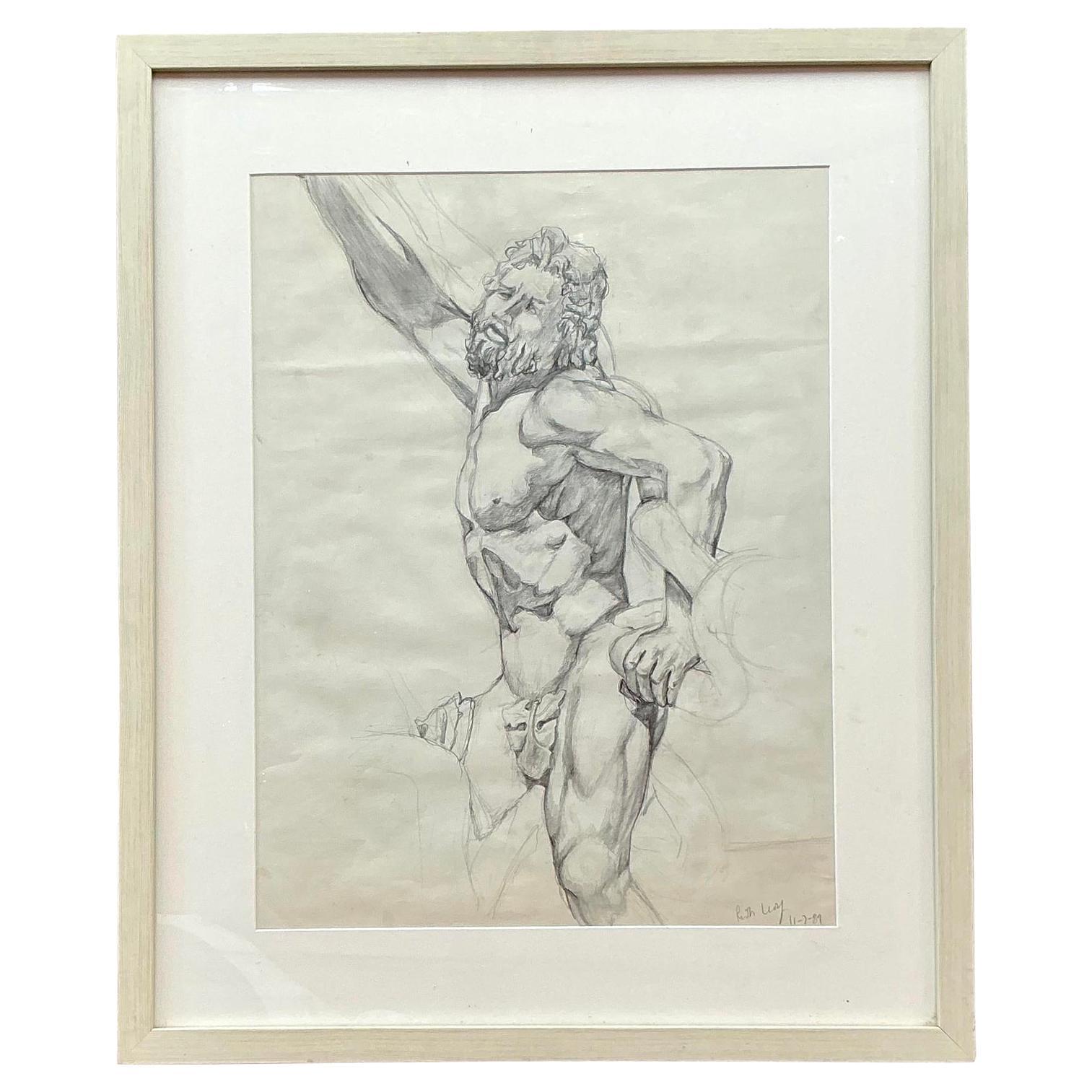 Vintage Boho Original Pencil Sketch of Man