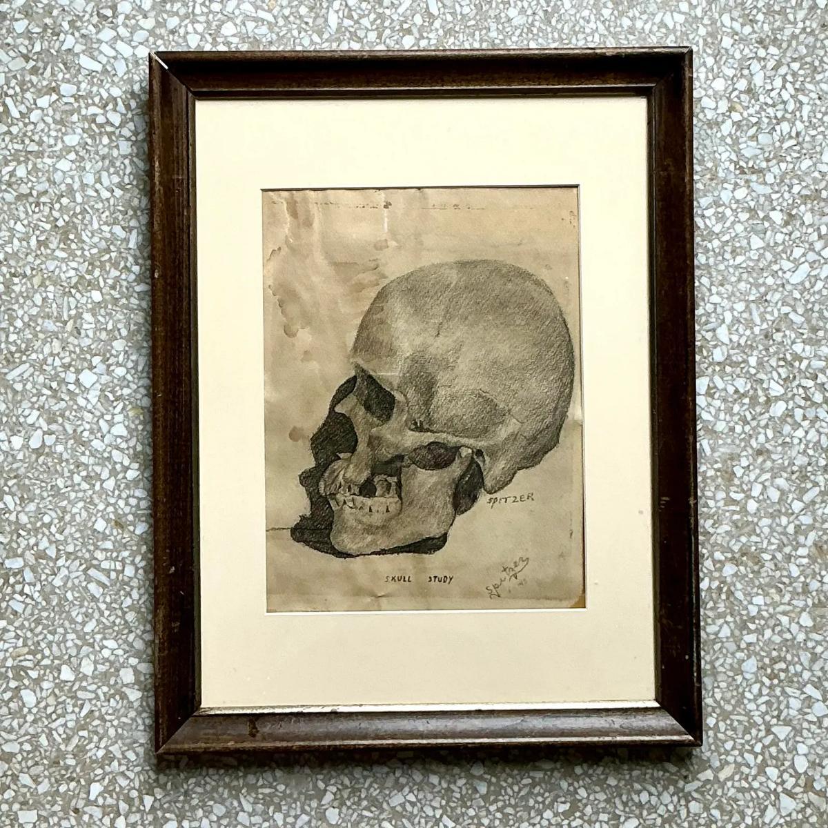 Bohemian Vintage Boho Original Pencil Sketch of Skull For Sale