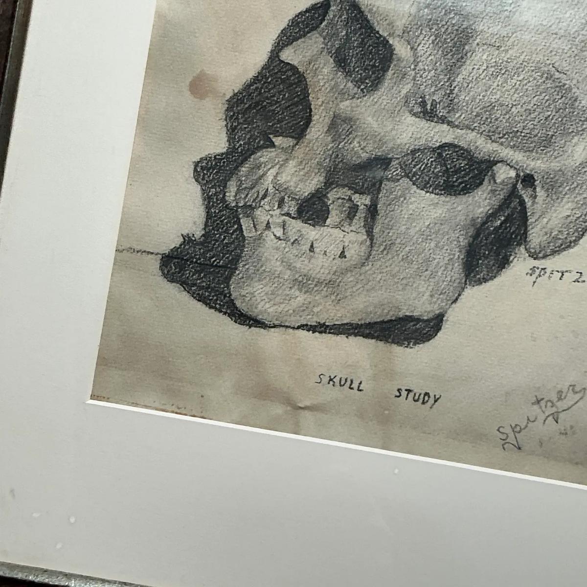 Glass Vintage Boho Original Pencil Sketch of Skull For Sale