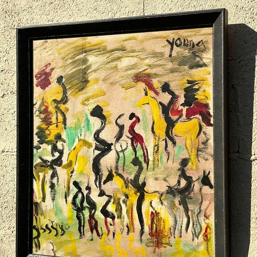 Vintage Boho Original Purvis Young Abstrakt-expressionistisches Gemälde auf Papier, Vintage im Zustand „Gut“ im Angebot in West Palm Beach, FL