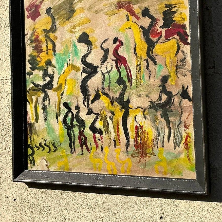 Vintage Boho Original Purvis Young Abstrakt-expressionistisches Gemälde auf Papier, Vintage (Glas) im Angebot