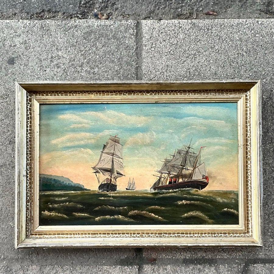 American Vintage Boho Original Seascape Oil on Board For Sale
