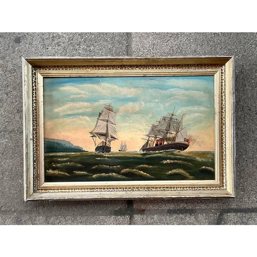 Vintage Boho Original Seascape Oil on Board In Good Condition For Sale In west palm beach, FL