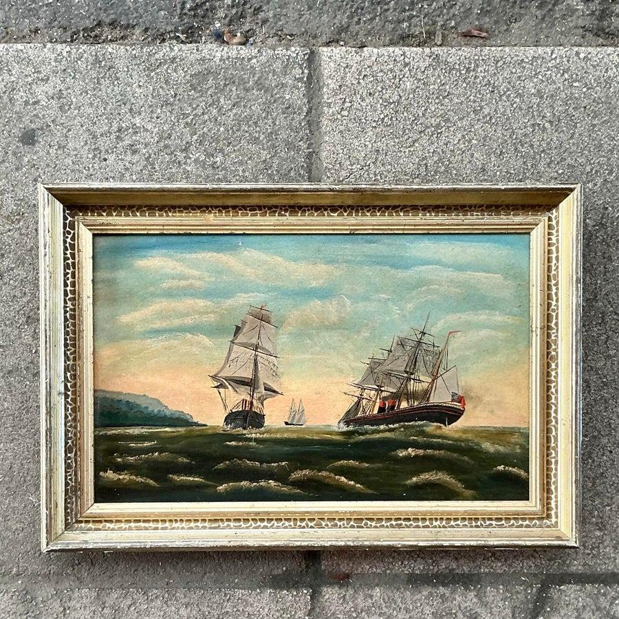 19th Century Vintage Boho Original Seascape Oil on Board For Sale