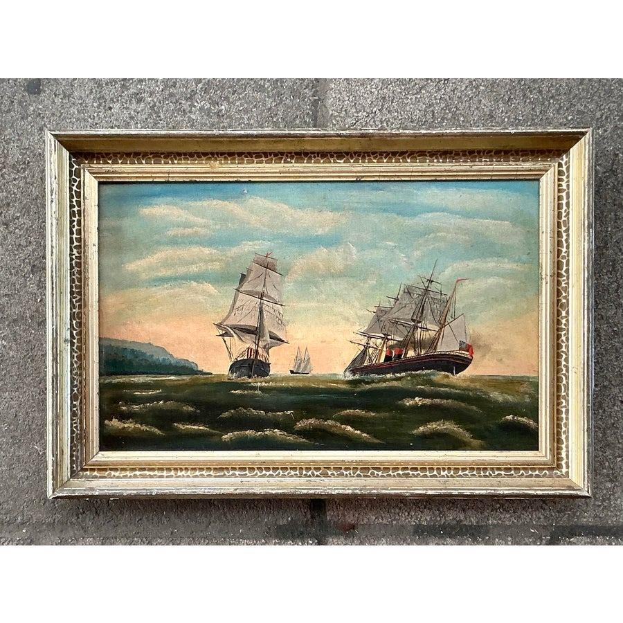 Wood Vintage Boho Original Seascape Oil on Board For Sale
