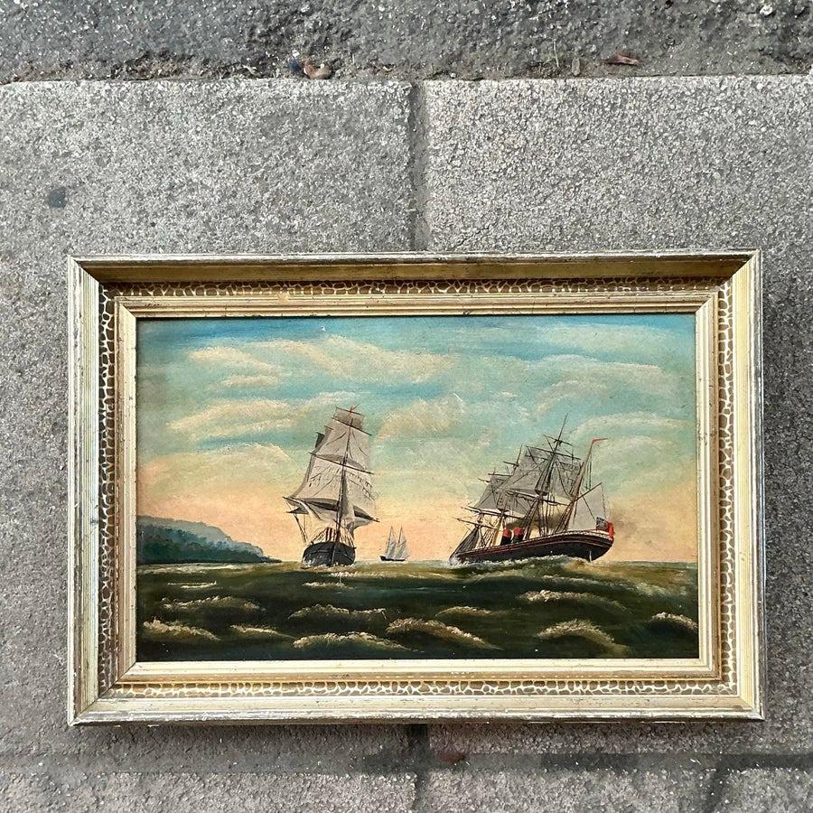 Vintage Boho Original Seascape Oil on Board For Sale 1