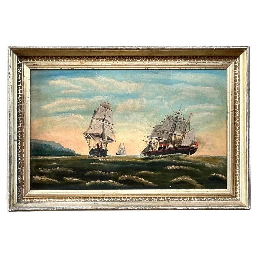 Vintage Boho Original Seestück Öl auf Brett