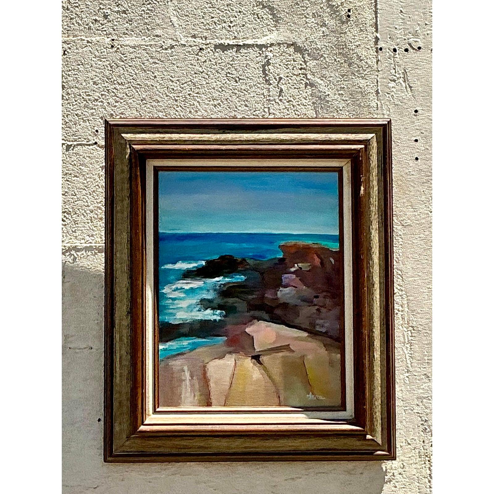 American Vintage Boho Original Seascape Oil Painting on Canvas For Sale