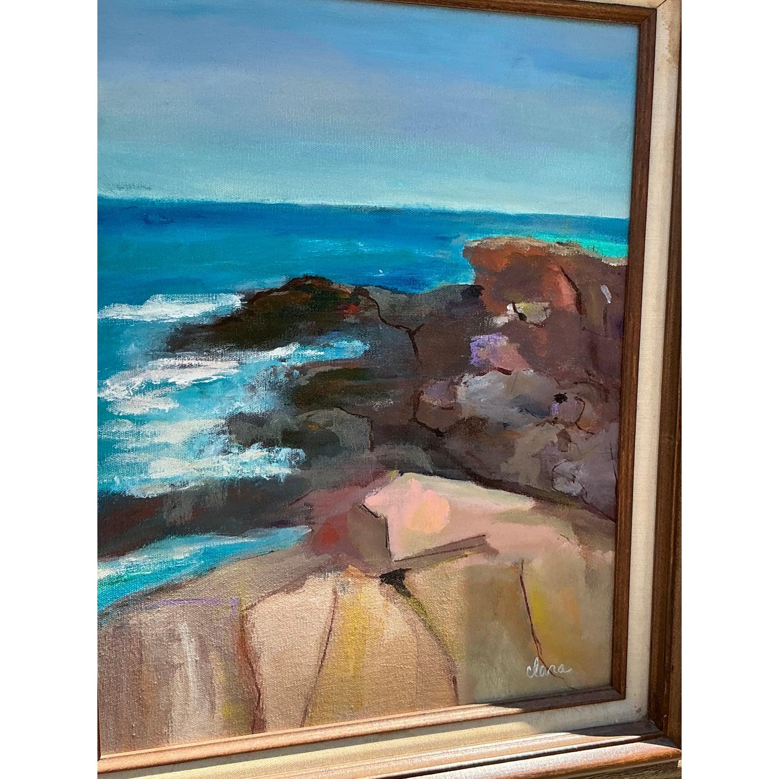 Vintage Boho Original Seascape Oil Painting on Canvas In Good Condition For Sale In West Palm Beach, FL