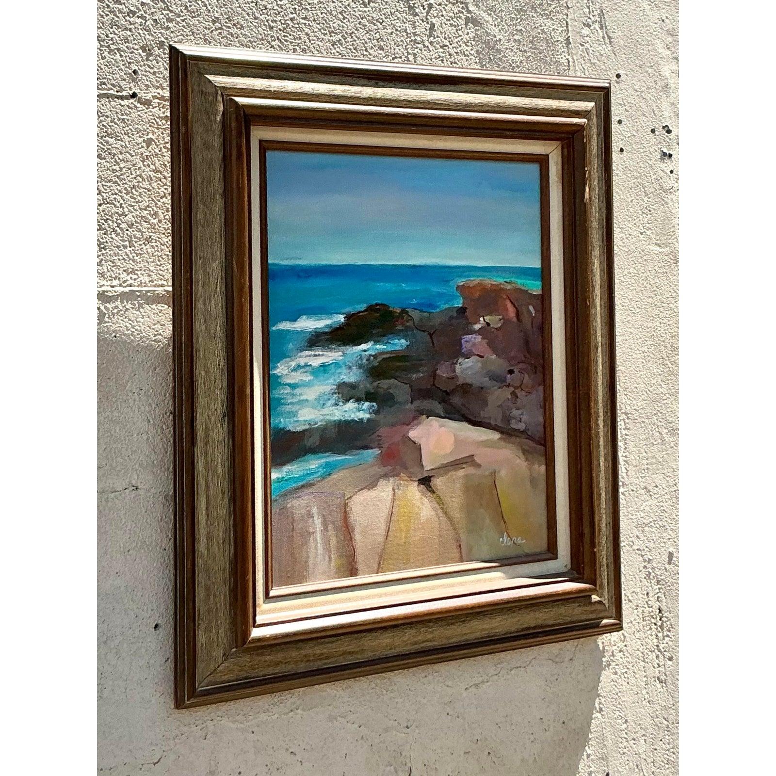 20th Century Vintage Boho Original Seascape Oil Painting on Canvas For Sale