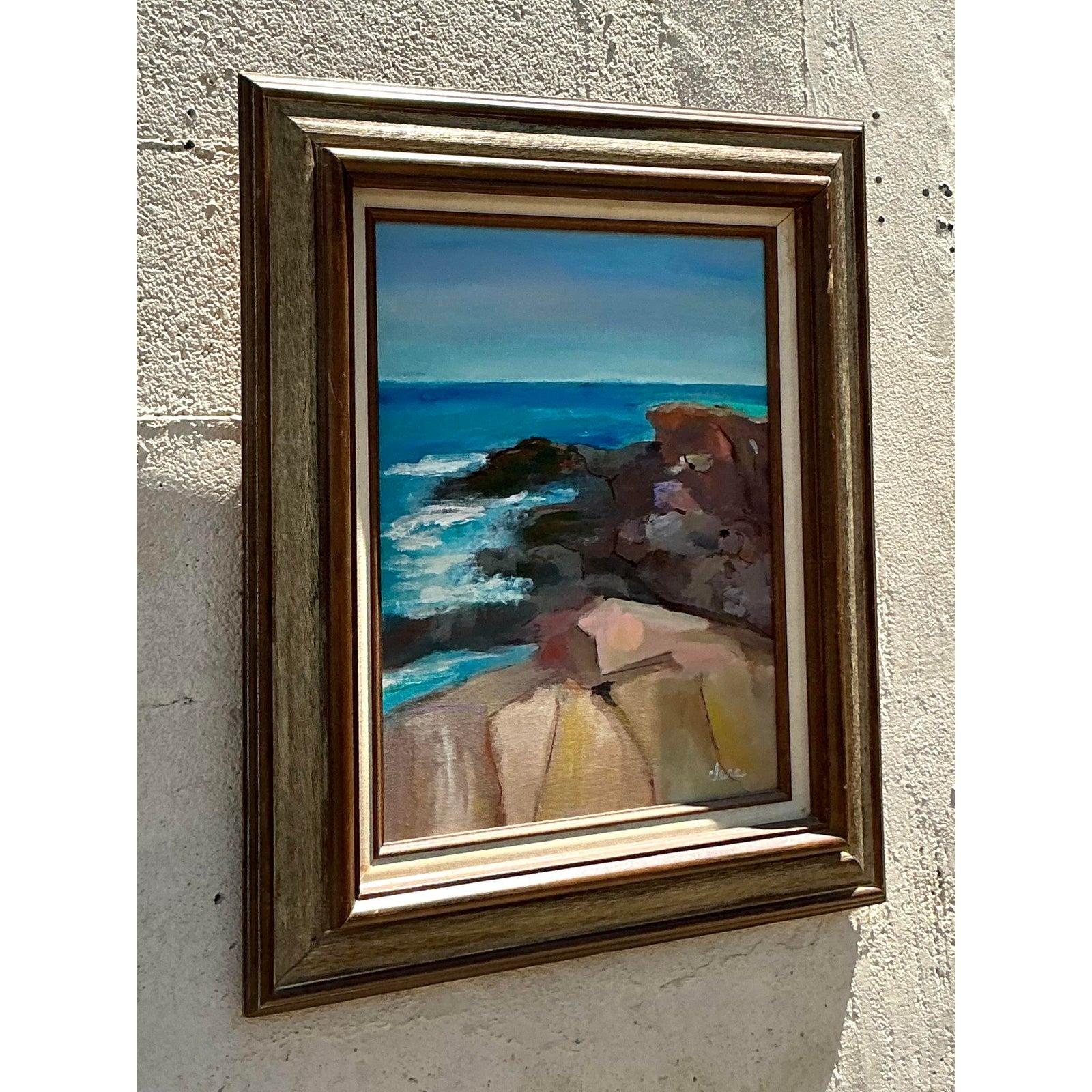 Vintage Boho Original Seascape Oil Painting on Canvas For Sale 1