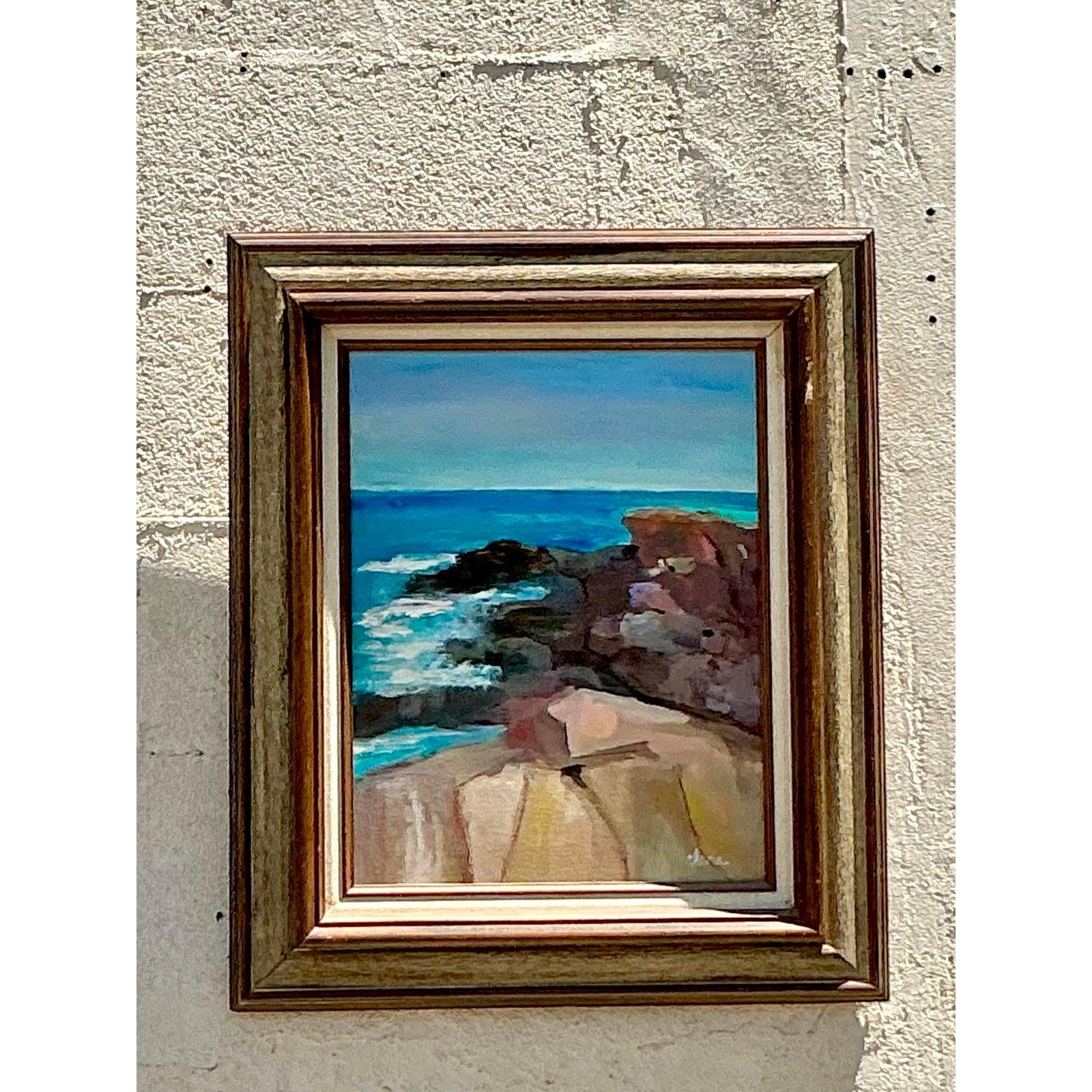 Vintage Boho Original Seascape Oil Painting on Canvas For Sale 2