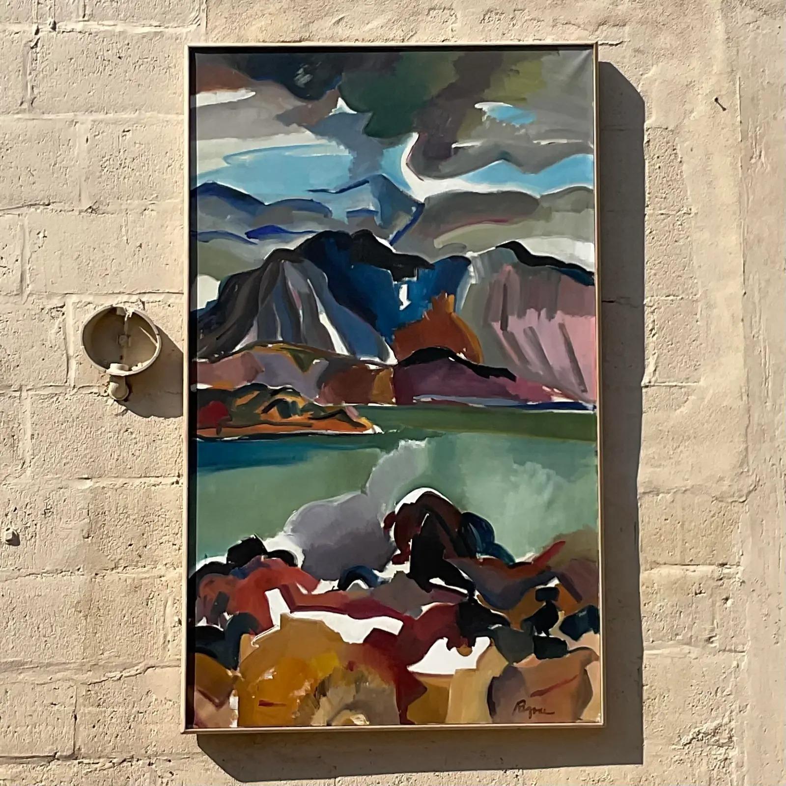 A fantastic vintage original signed oil painting on canvas. A beautiful abstract expressionist landscape composition in brilliant colors. Signed by the artist Regone Pierrokkis. Acquired from a NY estate.