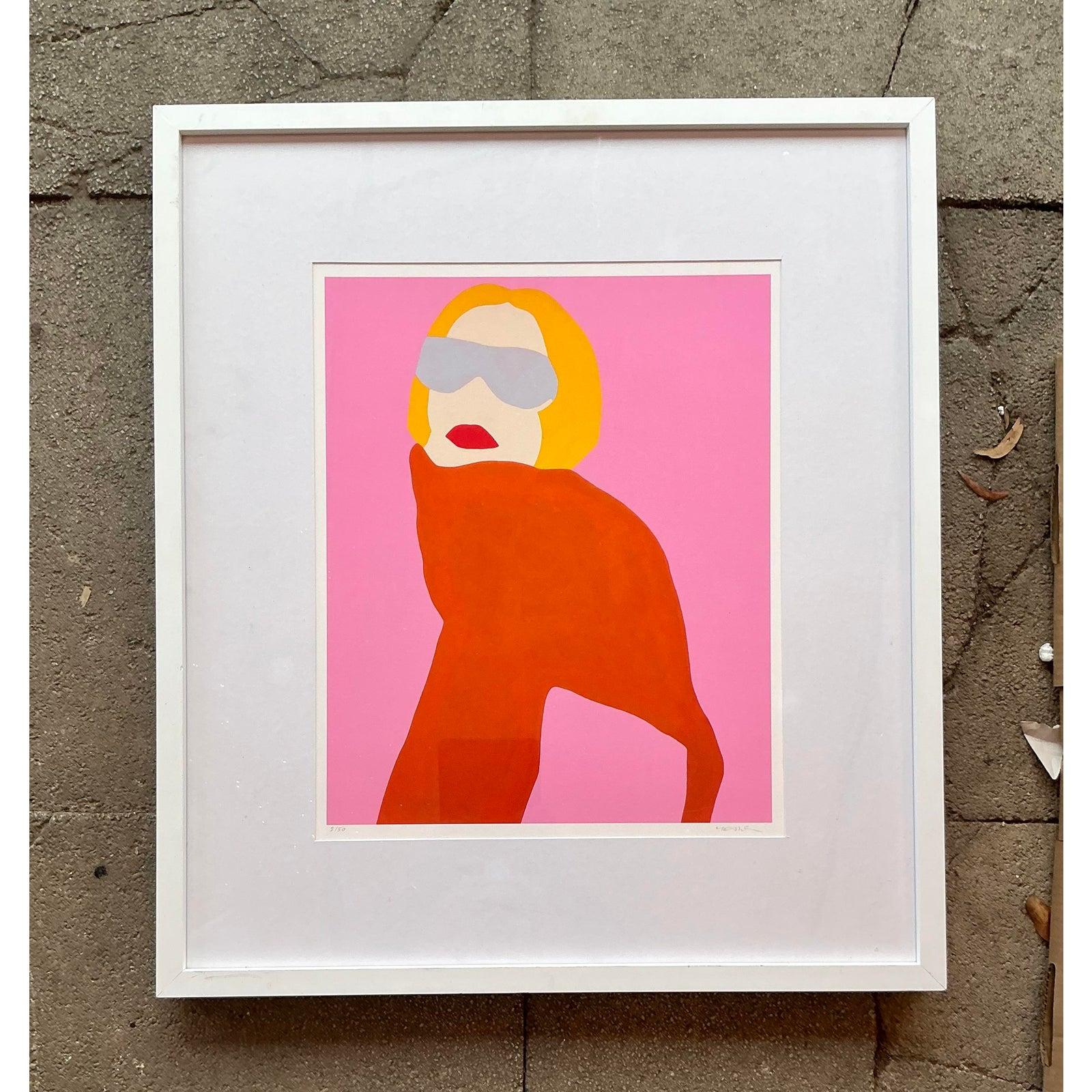 Injectez une dose vibrante de cool vintage dans votre espace avec cette lithographie originale signée et numérotée de l'artiste Melo Porter. L'œuvre d'art présente un portrait stylisé saisissant dans une esthétique audacieuse influencée par le Pop