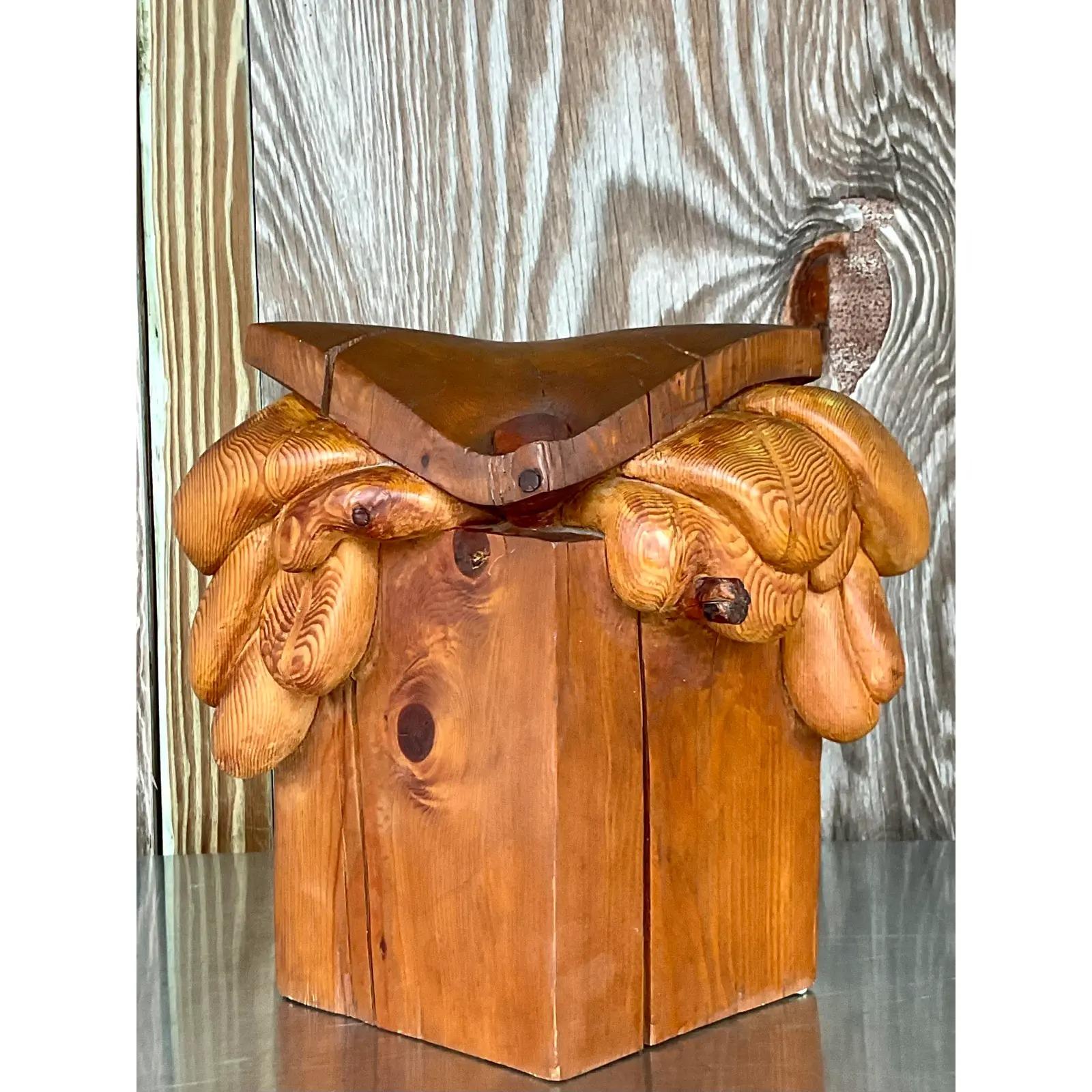 20th Century Vintage Boho Original Signed Hand Carved Outsider Art Sculpture For Sale