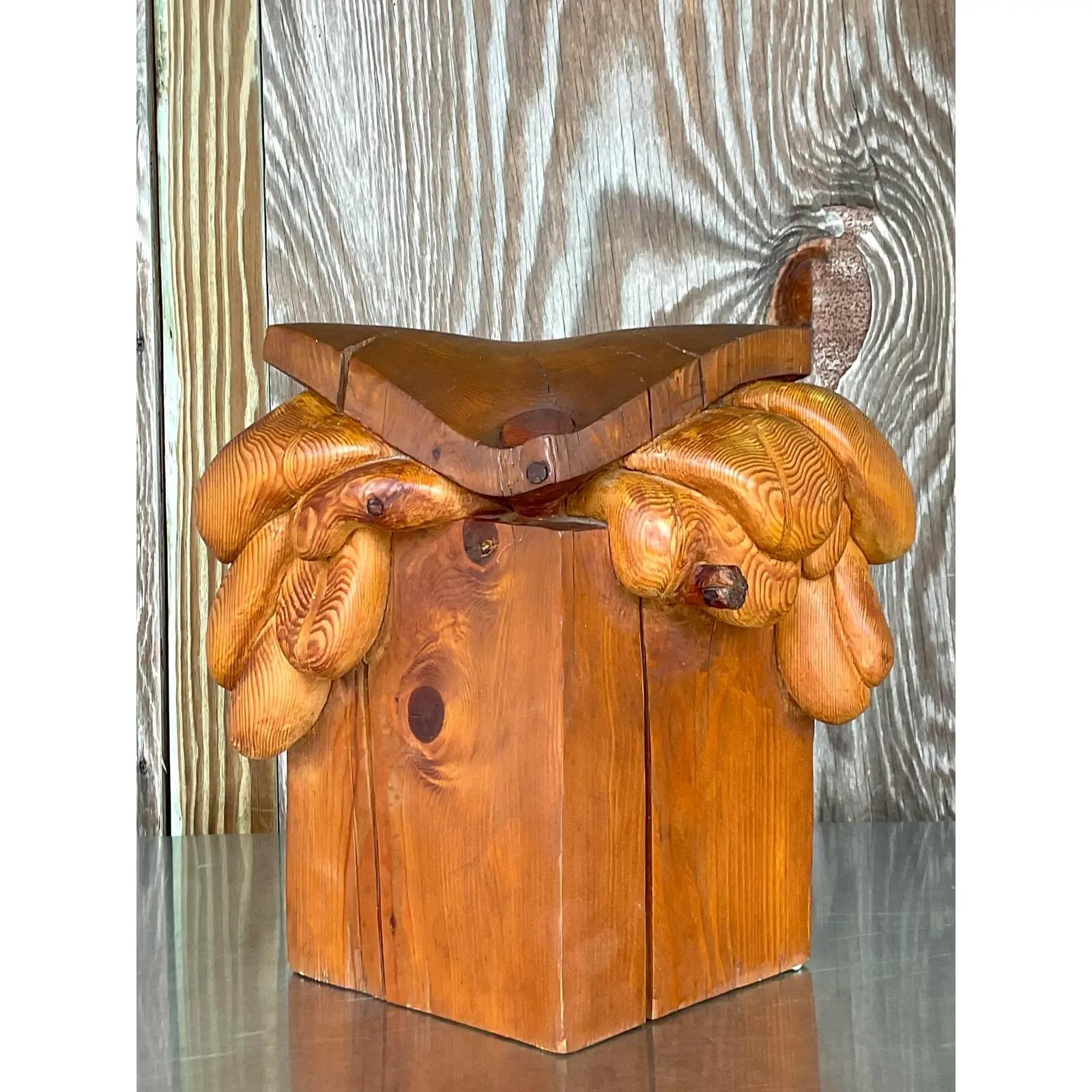 Wood Vintage Boho Original Signed Hand Carved Outsider Art Sculpture For Sale