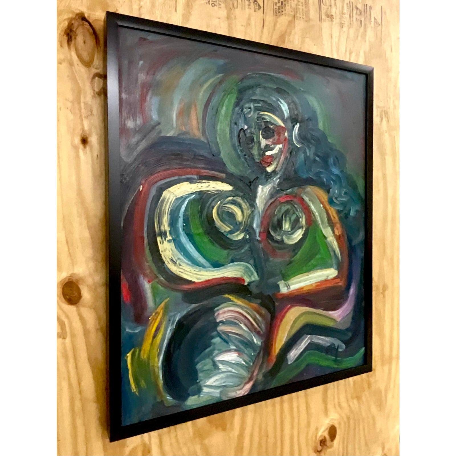 A fabulous vintage Boho original oil painting. A chic impasto style female nude in deep rich color. Signed by the artist Frid. A striking composition. Acquired from a Palm Beach estate