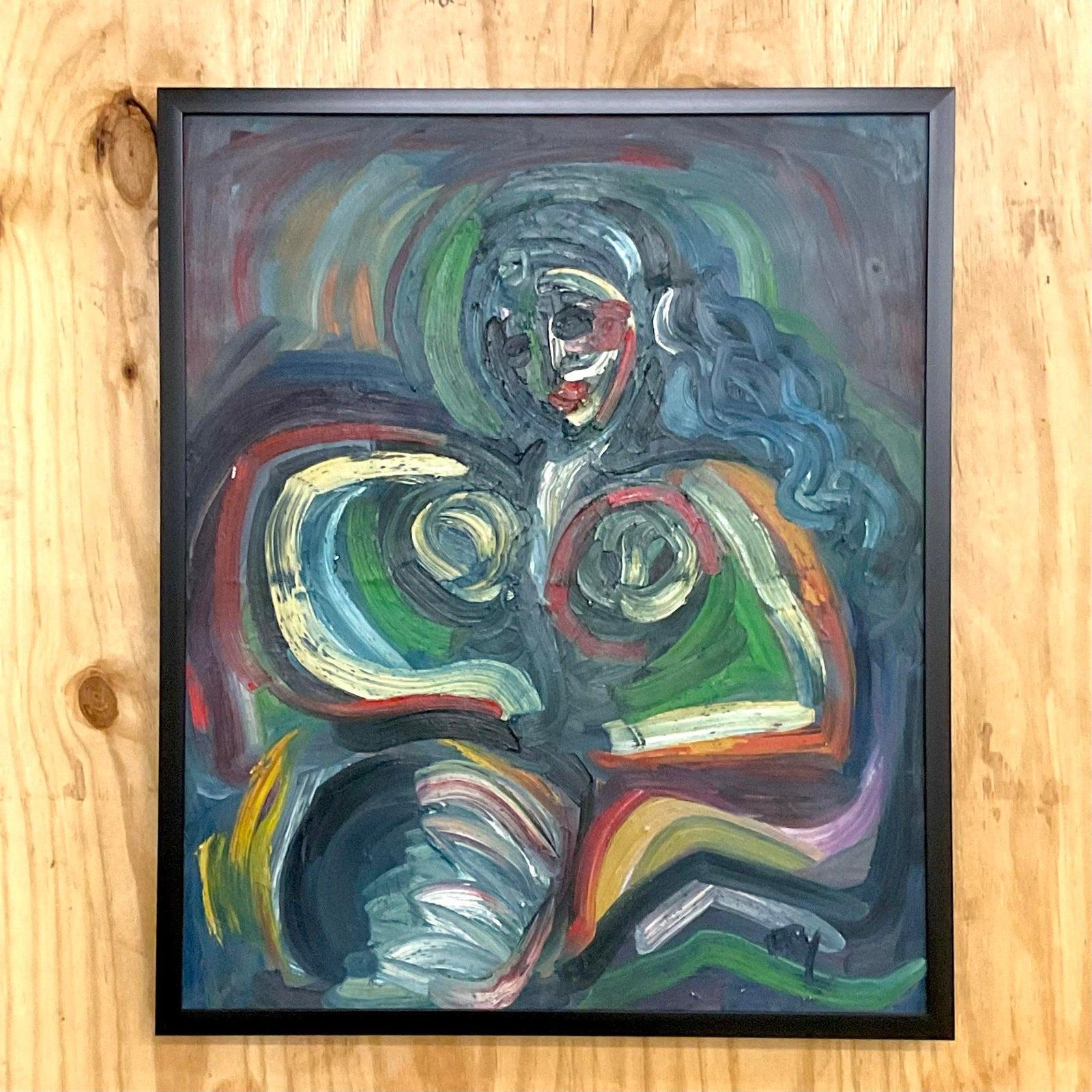 20th Century Vintage Boho Original Signed Oil Painting of Female Nude For Sale