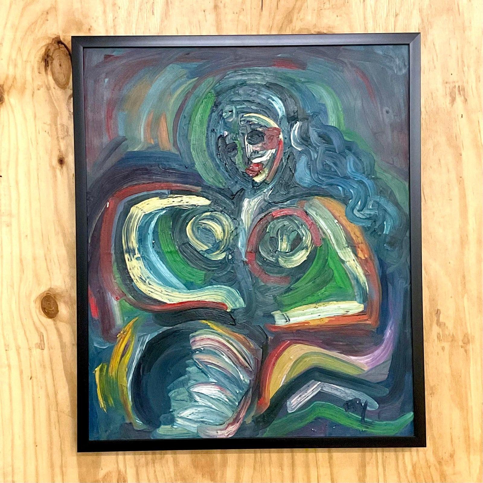 Canvas Vintage Boho Original Signed Oil Painting of Female Nude For Sale