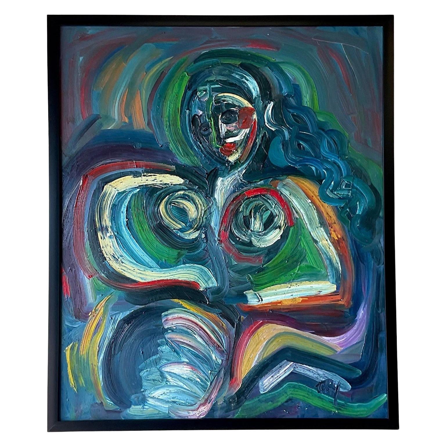 Vintage Boho Original Signed Oil Painting of Female Nude For Sale