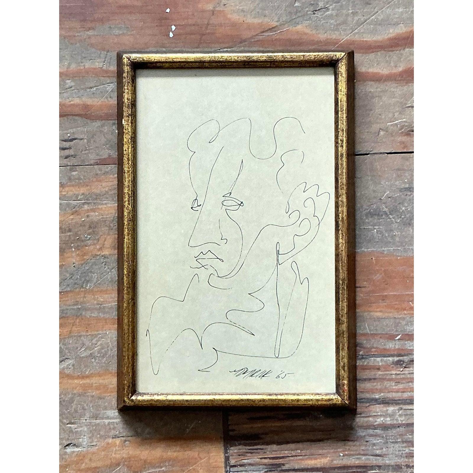 Vintage Boho Original Skizze von Mann (Moderne der Mitte des Jahrhunderts) im Angebot
