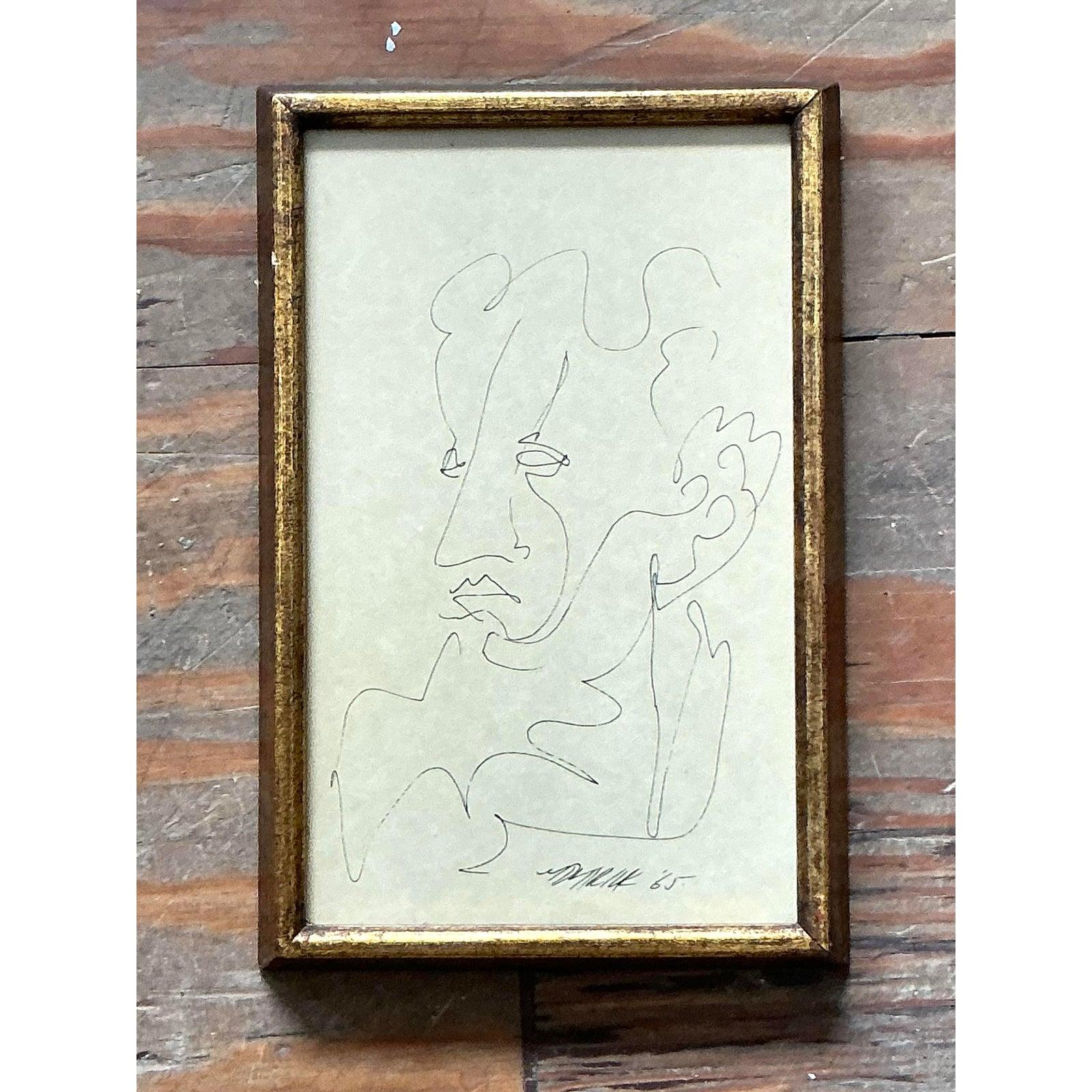 Vintage Boho Original Skizze von Mann im Zustand „Gut“ im Angebot in West Palm Beach, FL