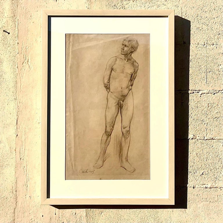 A fantastic vintage Boho original sketch. Signed by the legendary Cadmus. A chic line drawing of a nude male. Acquired from a Palm Beach estate.