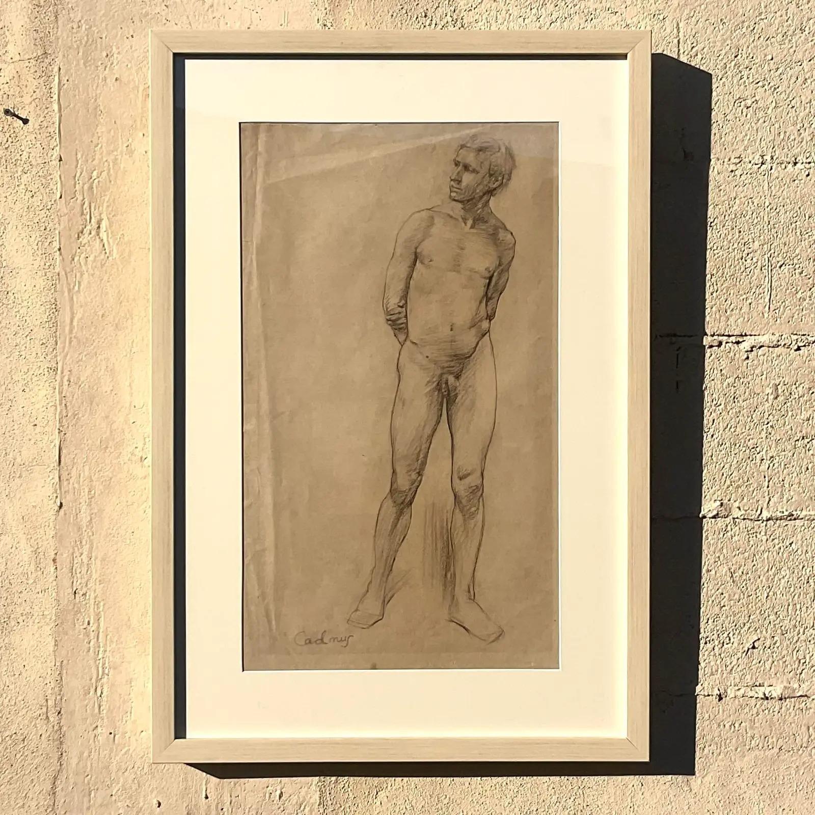 Vintage Boho Original Sketch of Nude Male Signed Cadmus In Good Condition For Sale In west palm beach, FL