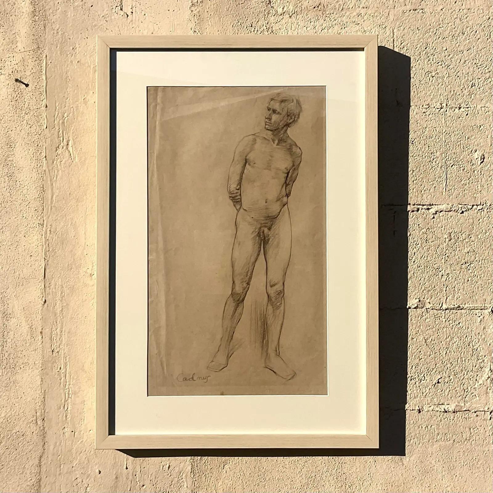 Paper Vintage Boho Original Sketch of Nude Male Signed Cadmus For Sale