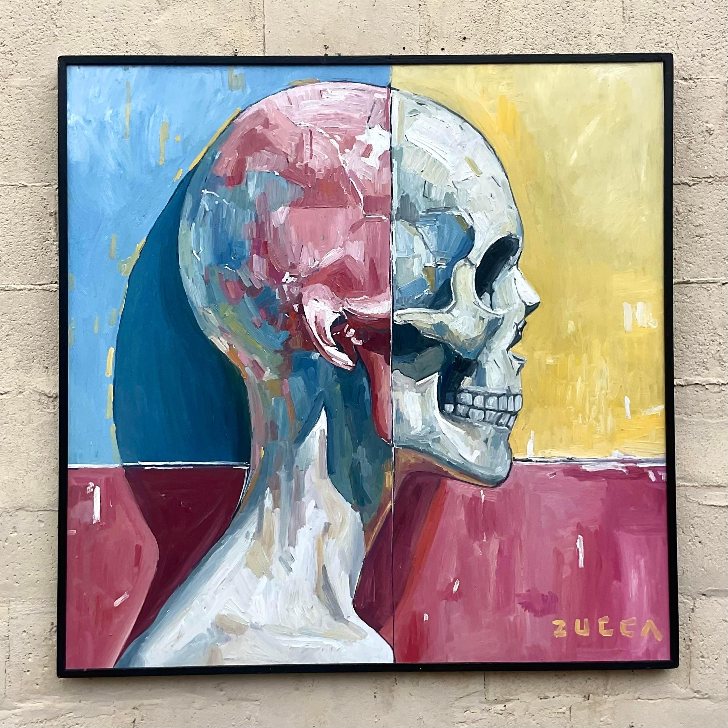 Channeling the eclectic spirit of American bohemia, this Vintage Boho Original Skull Oil Painting On Board captivates with its bold imagery and vibrant colors. A striking blend of artistic expression and cultural symbolism, this piece adds a touch