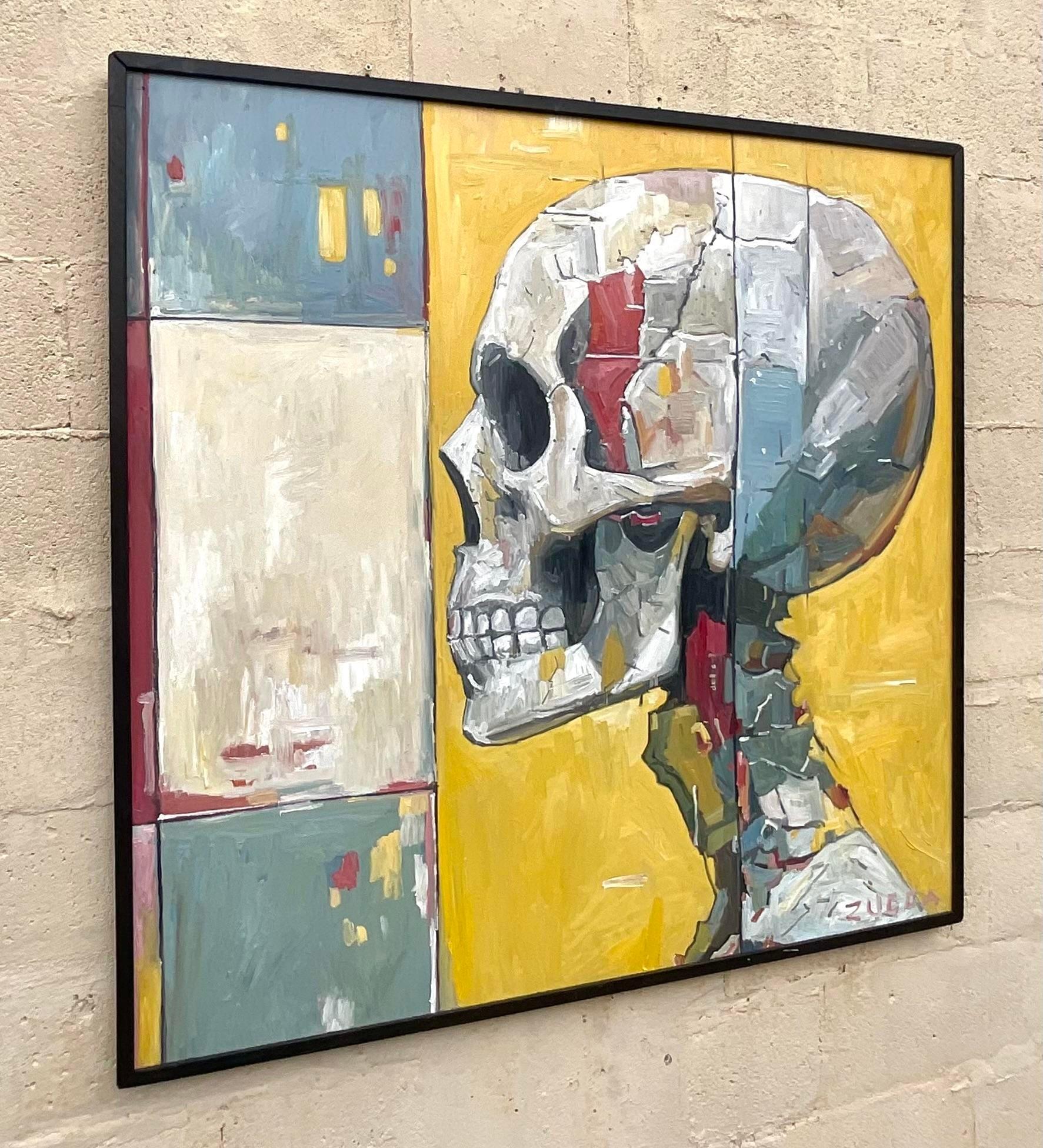Embrace the eclectic spirit of American bohemia with this Vintage Original Skull Oil Painting On Canvas. With its bold strokes and intriguing subject matter, this piece adds a dash of artistic rebellion to any space, making it a captivating