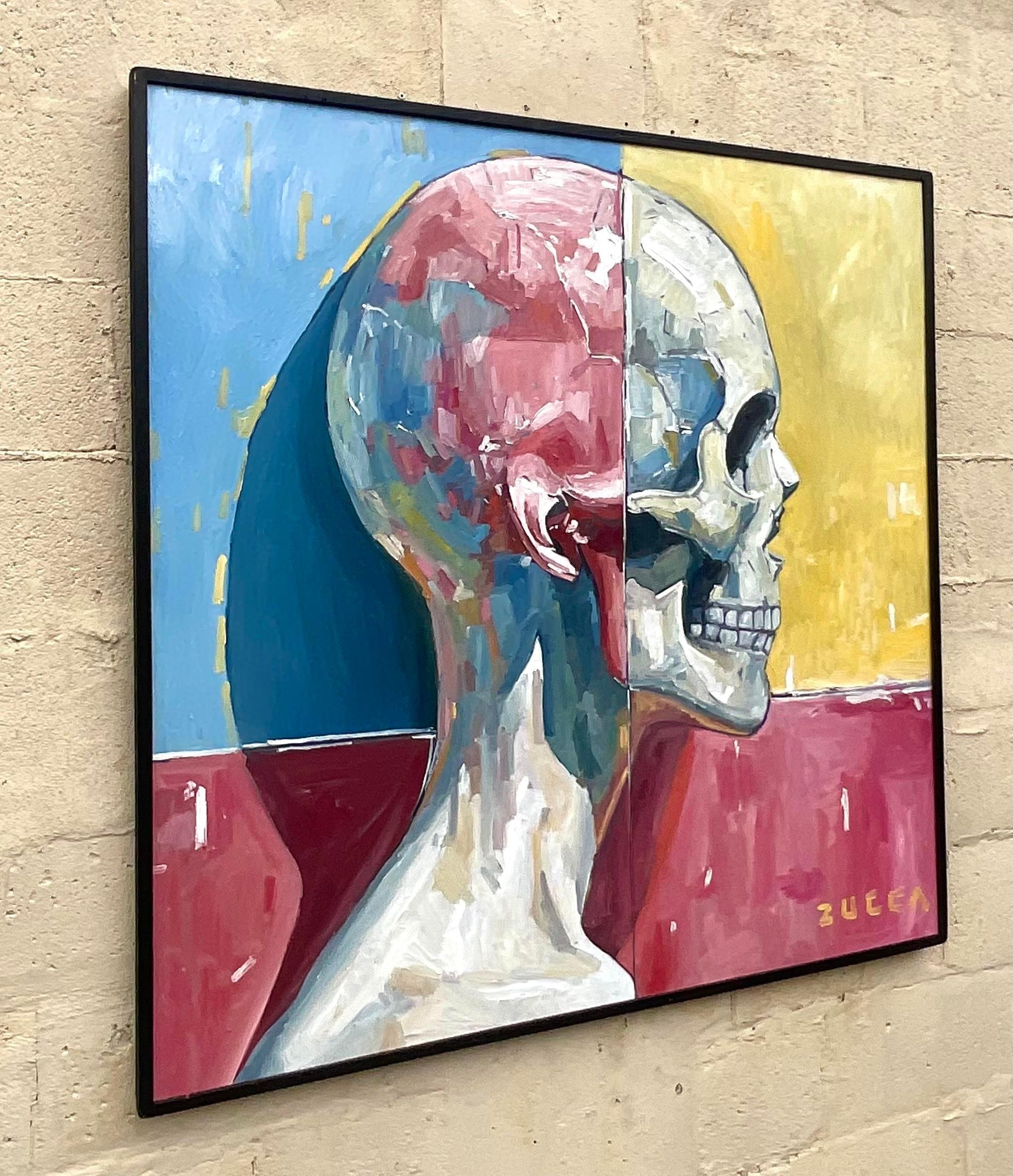 American Vintage Boho Original Skull Oil Painting on Board For Sale