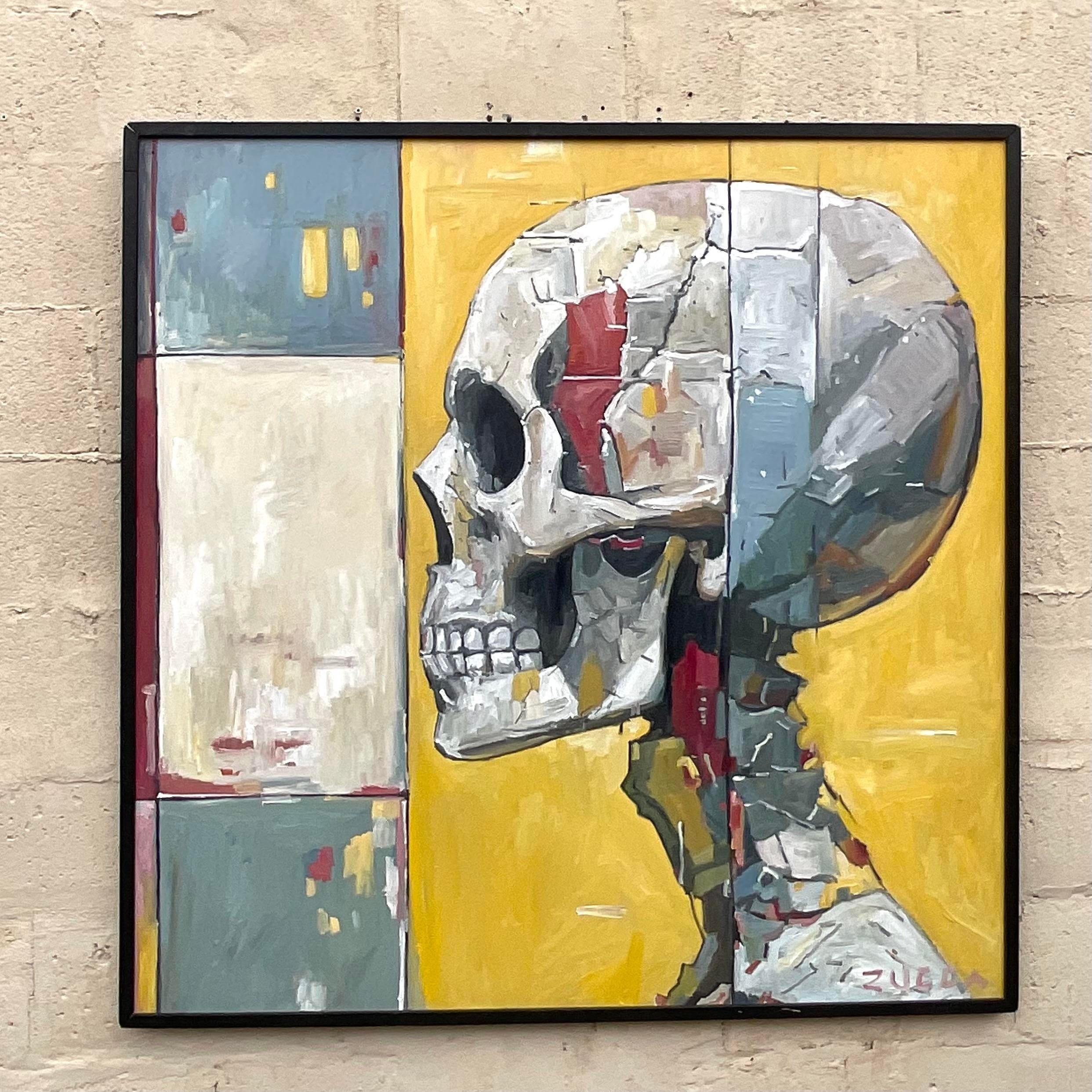 Bohemian Vintage Boho Original Skull Oil Painting on Board For Sale