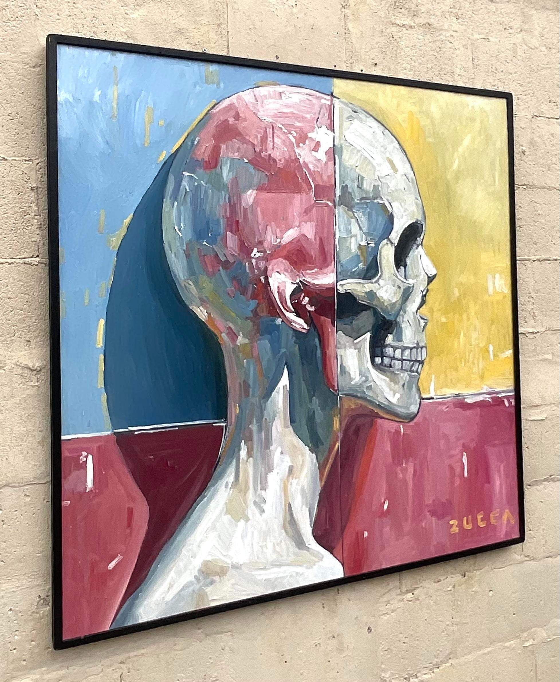 Vintage Boho Original Skull Oil Painting on Board In Good Condition For Sale In west palm beach, FL