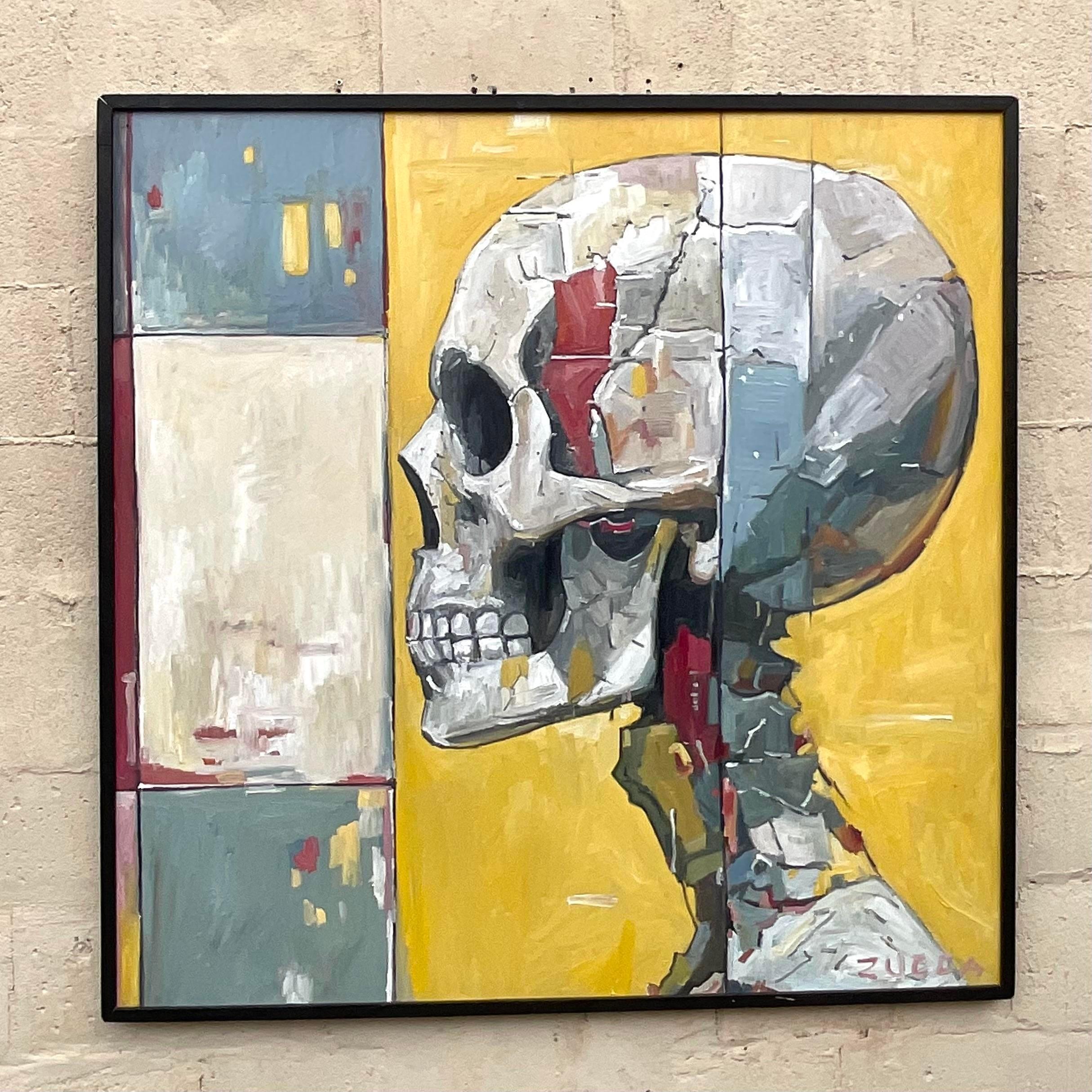 North American Vintage Boho Original Skull Oil Painting on Board For Sale