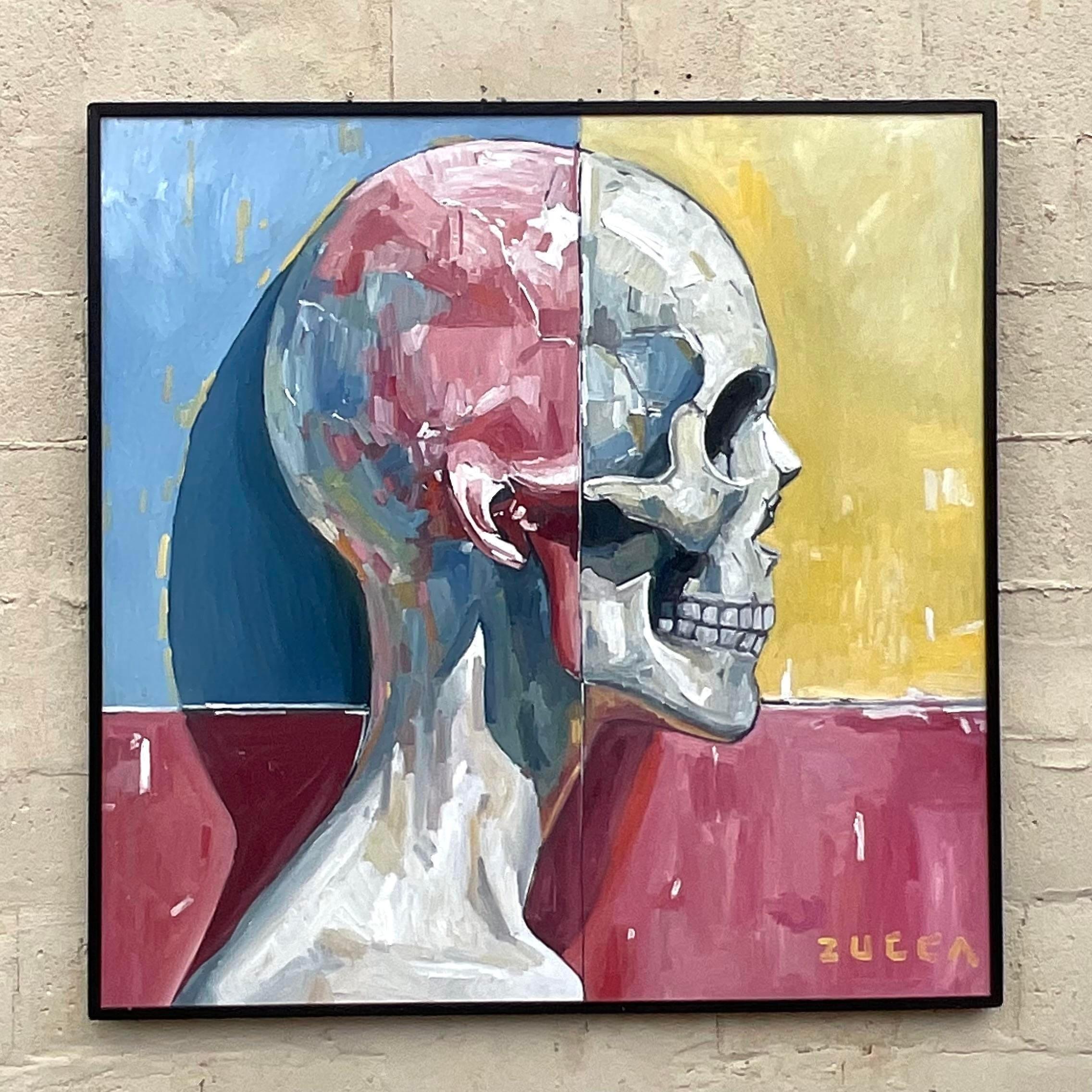 Contemporary Vintage Boho Original Skull Oil Painting on Board For Sale